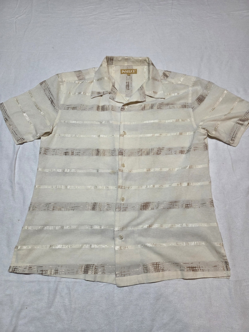 Insight Cream Short Sleeve Button-Up Shirt with Metallic Stripes